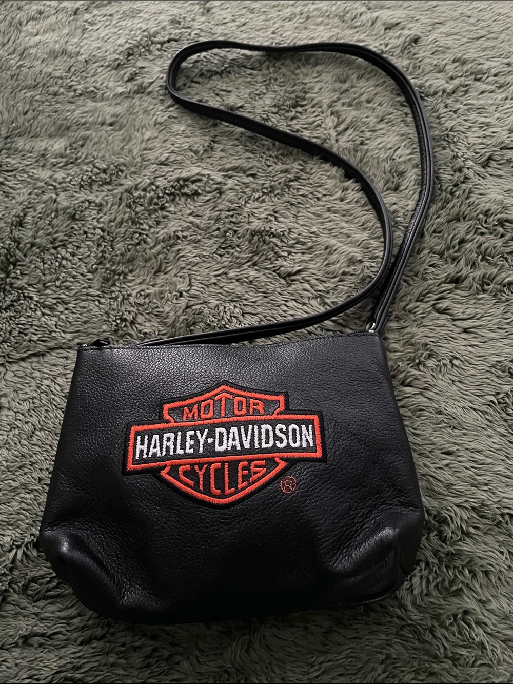 Harley-Davidson Black Leather Messenger Bag with Orange Logo Patch